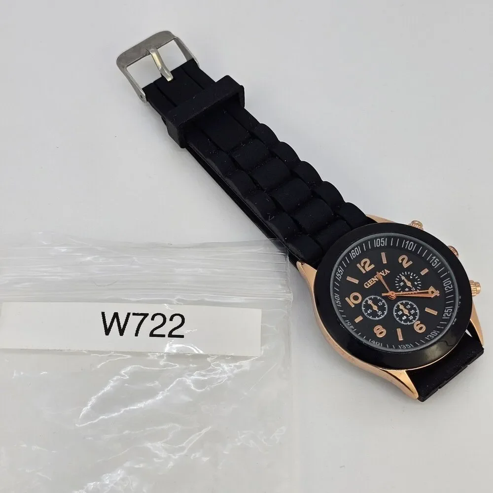 38MM Women's Watch Analog 38MM Black Dial Gold Case Black Plastic Bands New Batt